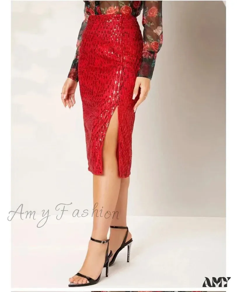 Amy Fashion - Side Slit Solid Color Tight Over Knee Slim Skirt