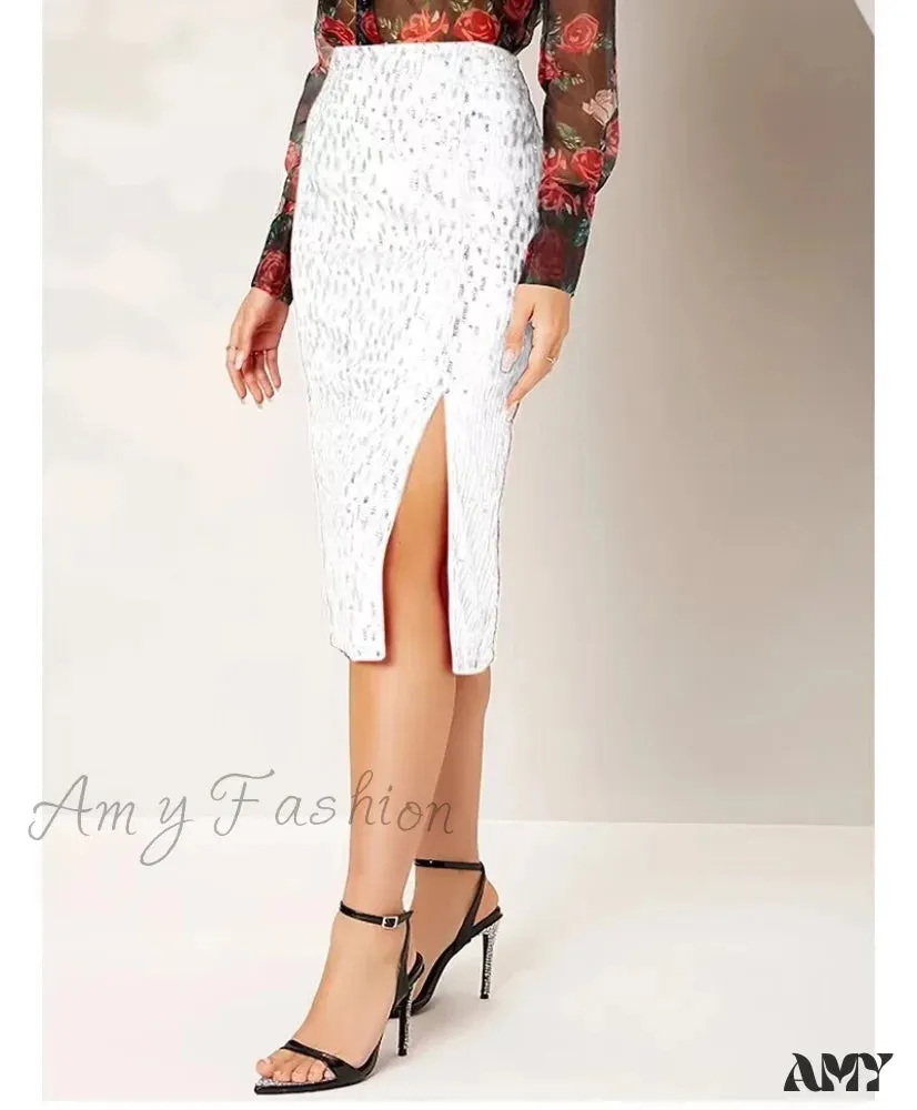 Amy Fashion - Side Slit Solid Color Tight Over Knee Slim Skirt