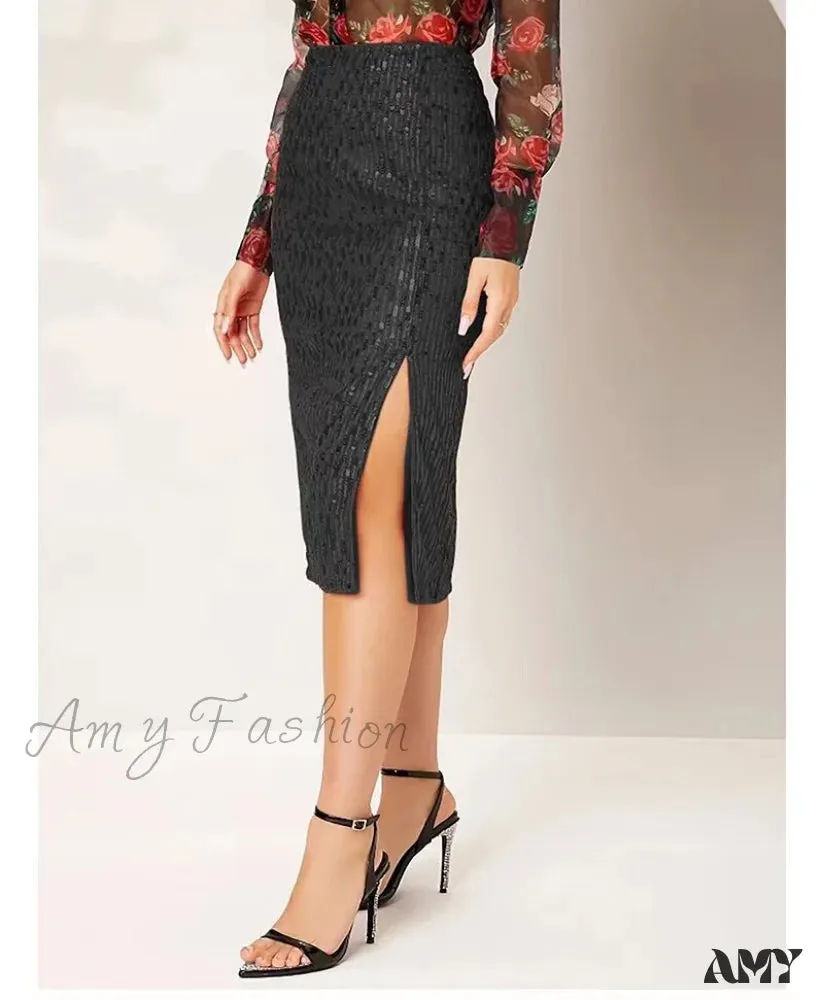 Amy Fashion - Side Slit Solid Color Tight Over Knee Slim Skirt