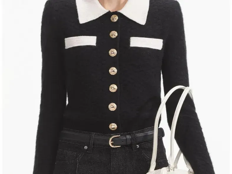 Bicolor Button-Down Knit Textured Sweater