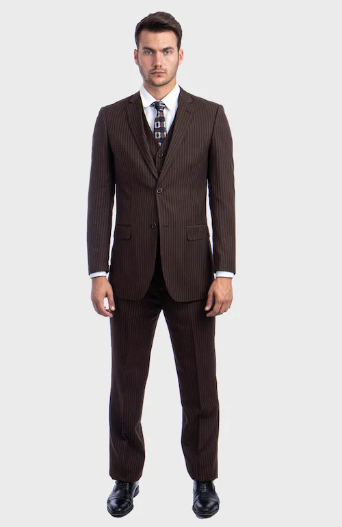 Brown Pinstripe Modern Fit 3 Piece Suit