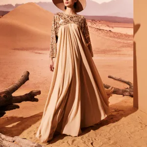 Camel Empire-Cut Dress With Pleats