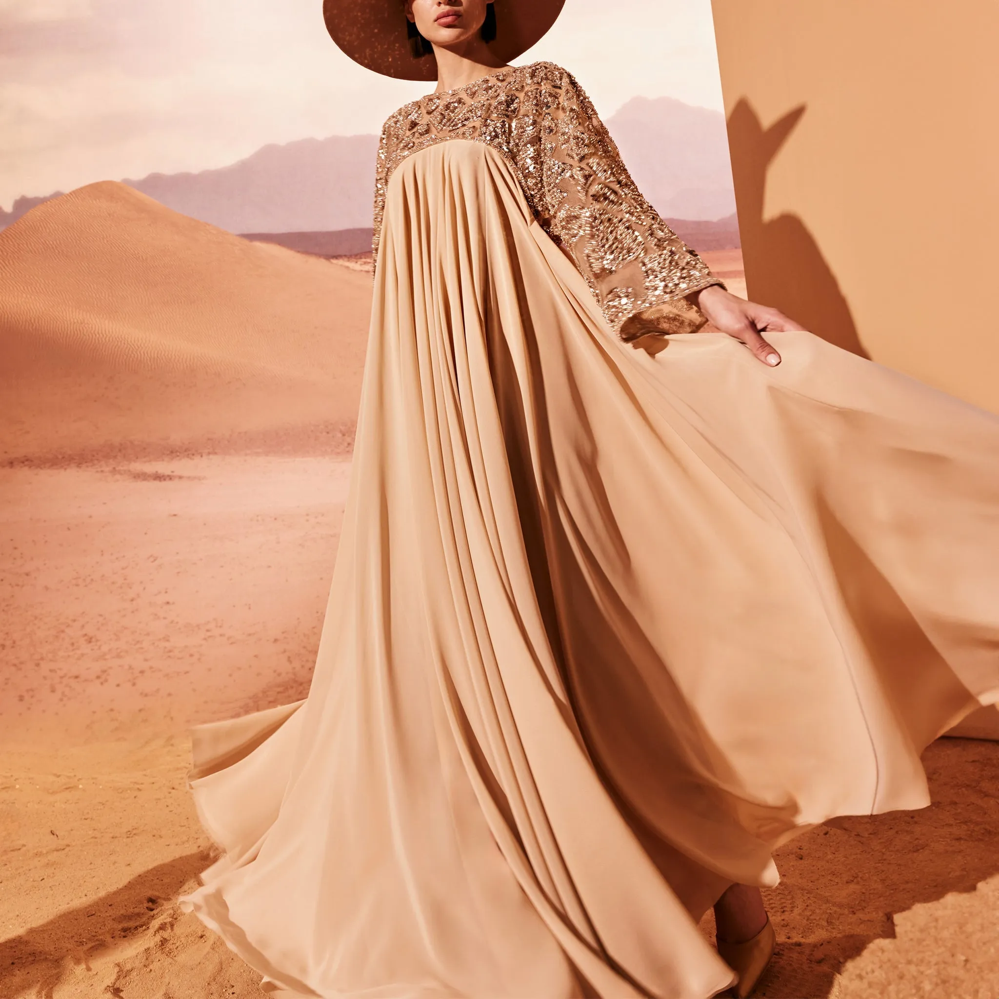 Camel Empire-Cut Dress With Pleats