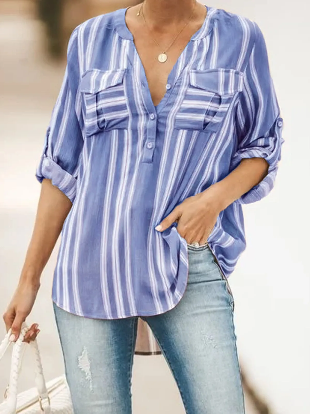 Fashion casual striped stand collar pocket cuff length two wear ladies shirt