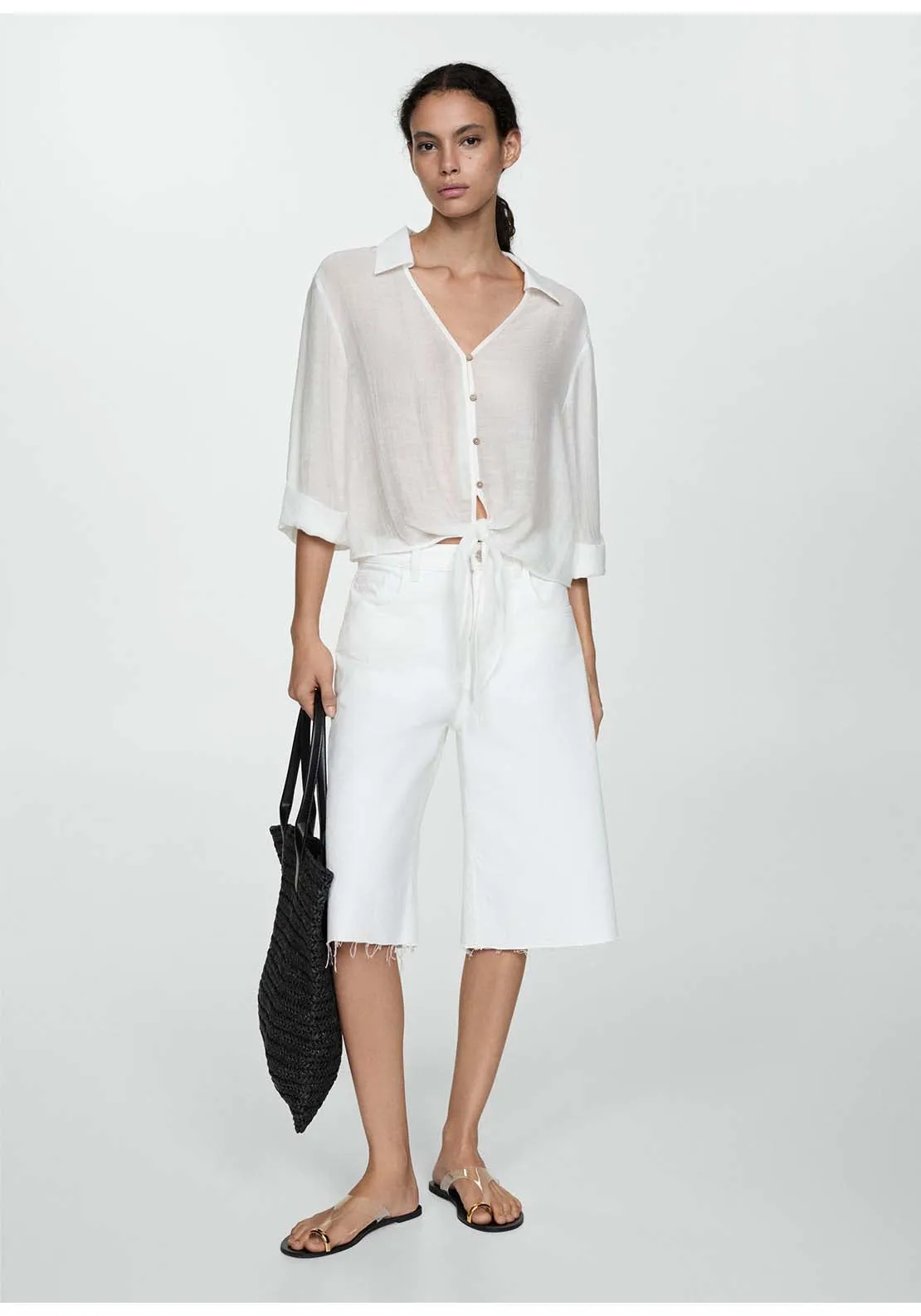 Flared-sleeve blouse with bow - Natural