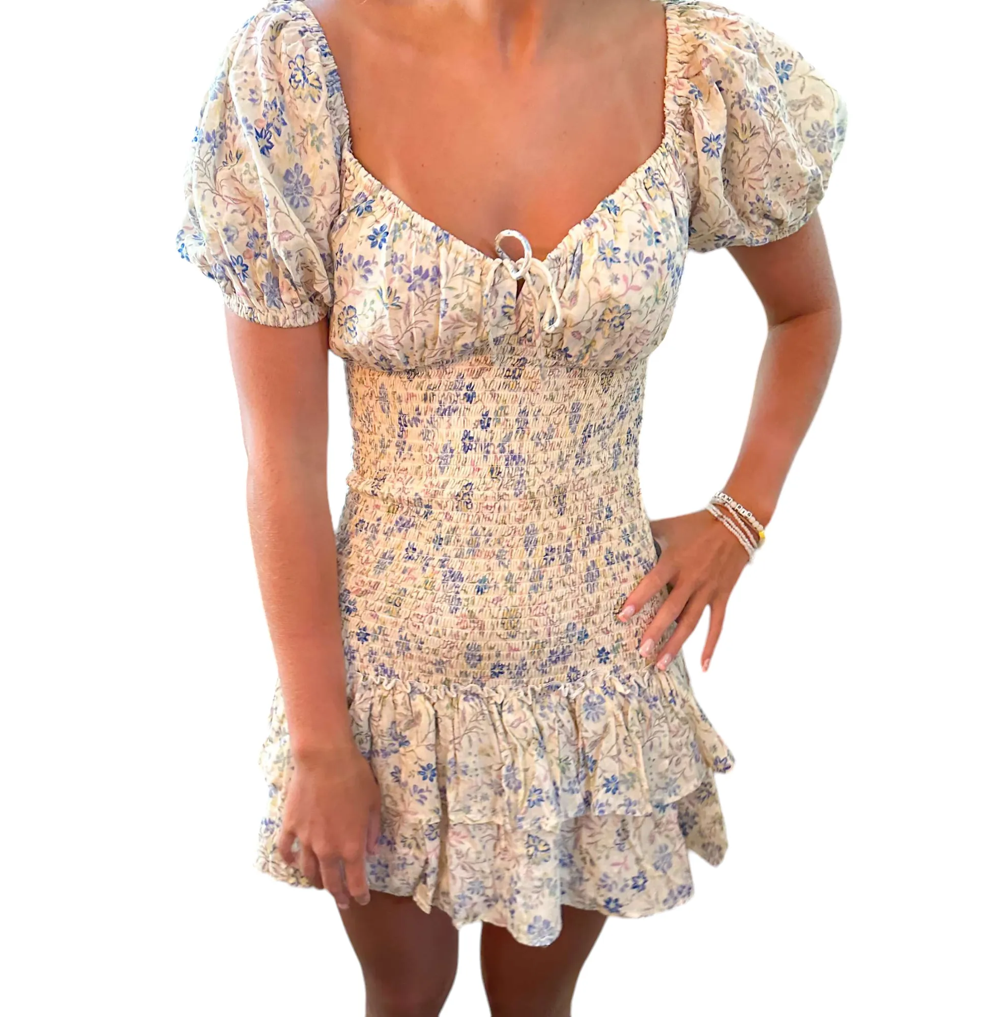 Floral Dreams: Ivory Puff Sleeve Brunch Dress