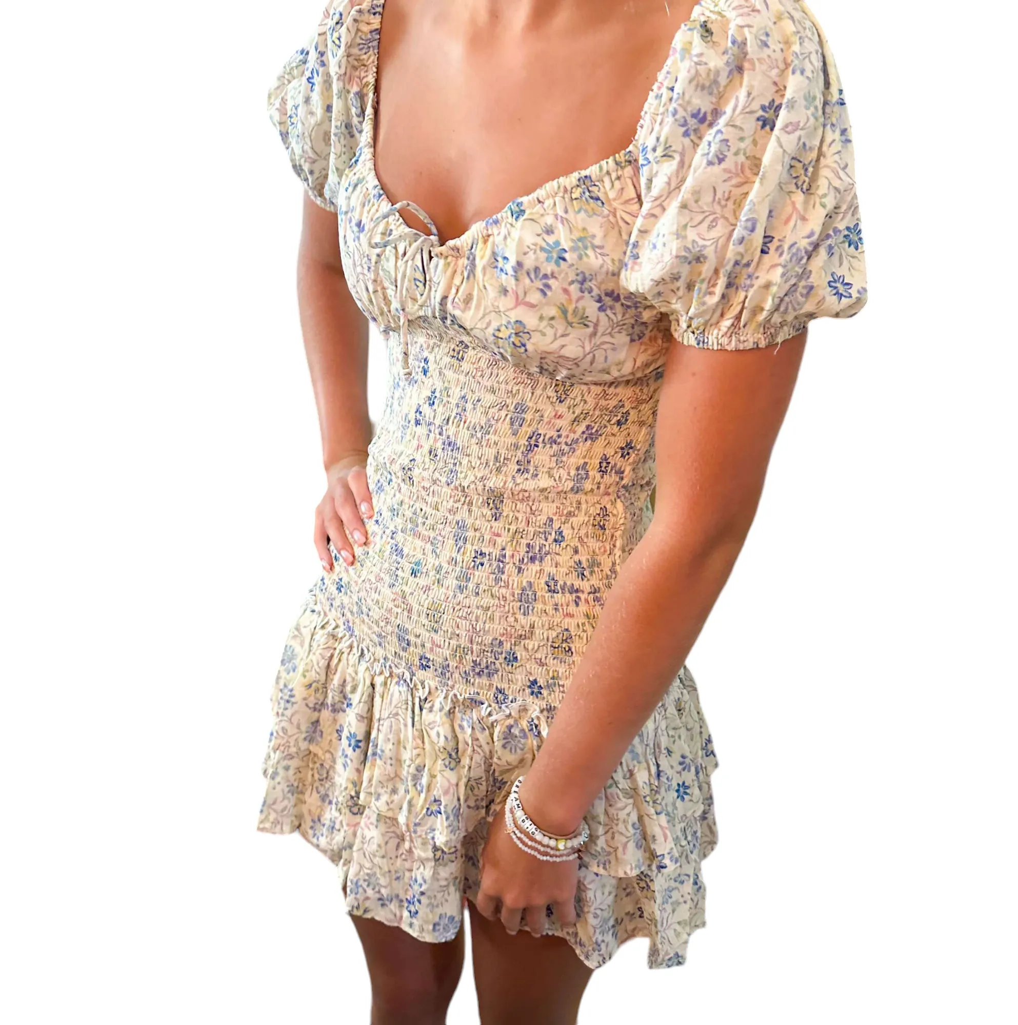 Floral Dreams: Ivory Puff Sleeve Brunch Dress