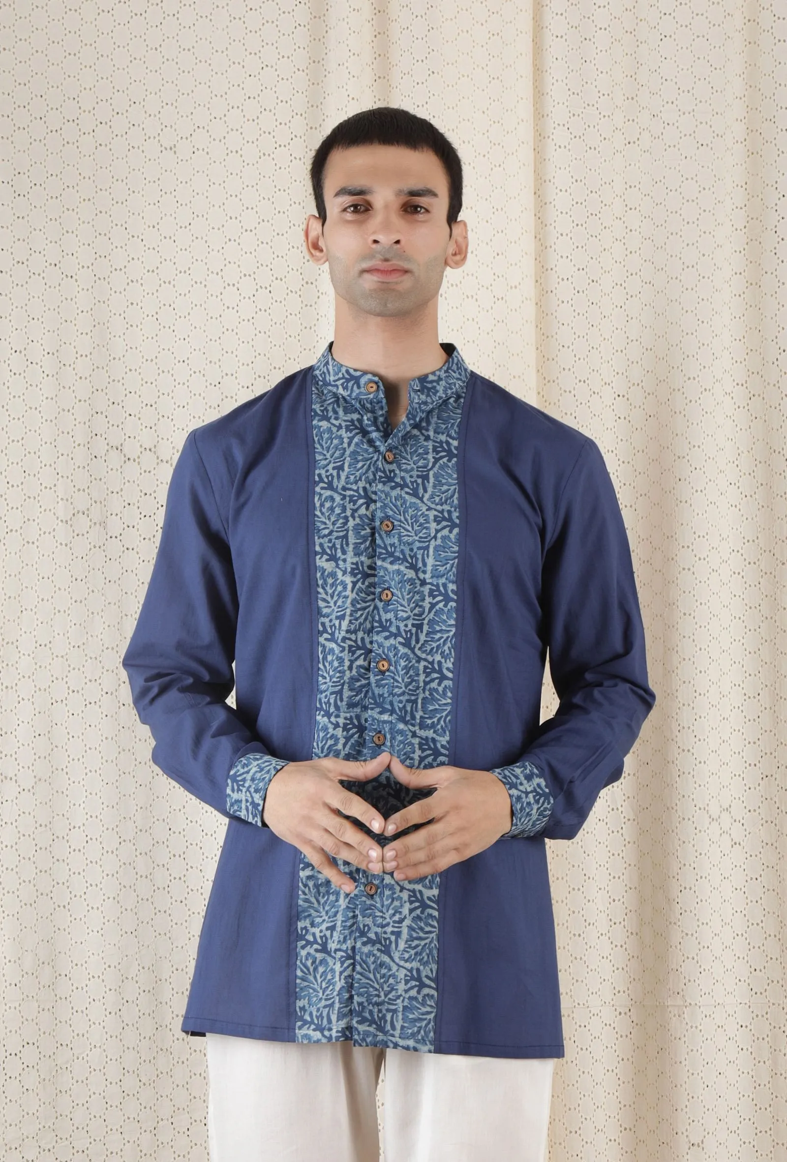 Jayvee Front Open Cotton Indigo Short Kurta