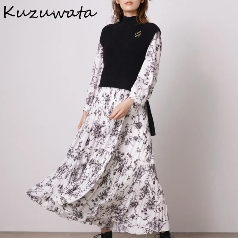 Joskaa Christmas Gift Kuzuwata 2024 Autumn New Women Robes Japanese Fresh Vestidos Half High Collar Printed Pleated Dresses Knit Drawstring Vest Suits