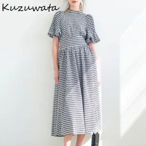 Joskaa Christmas Gift Kuzuwata Stand Collar Puff Sleeve Shirts High Waist Bowknot Sashes Skirts Japan Style Elegant 2024 Summer New Women clothes