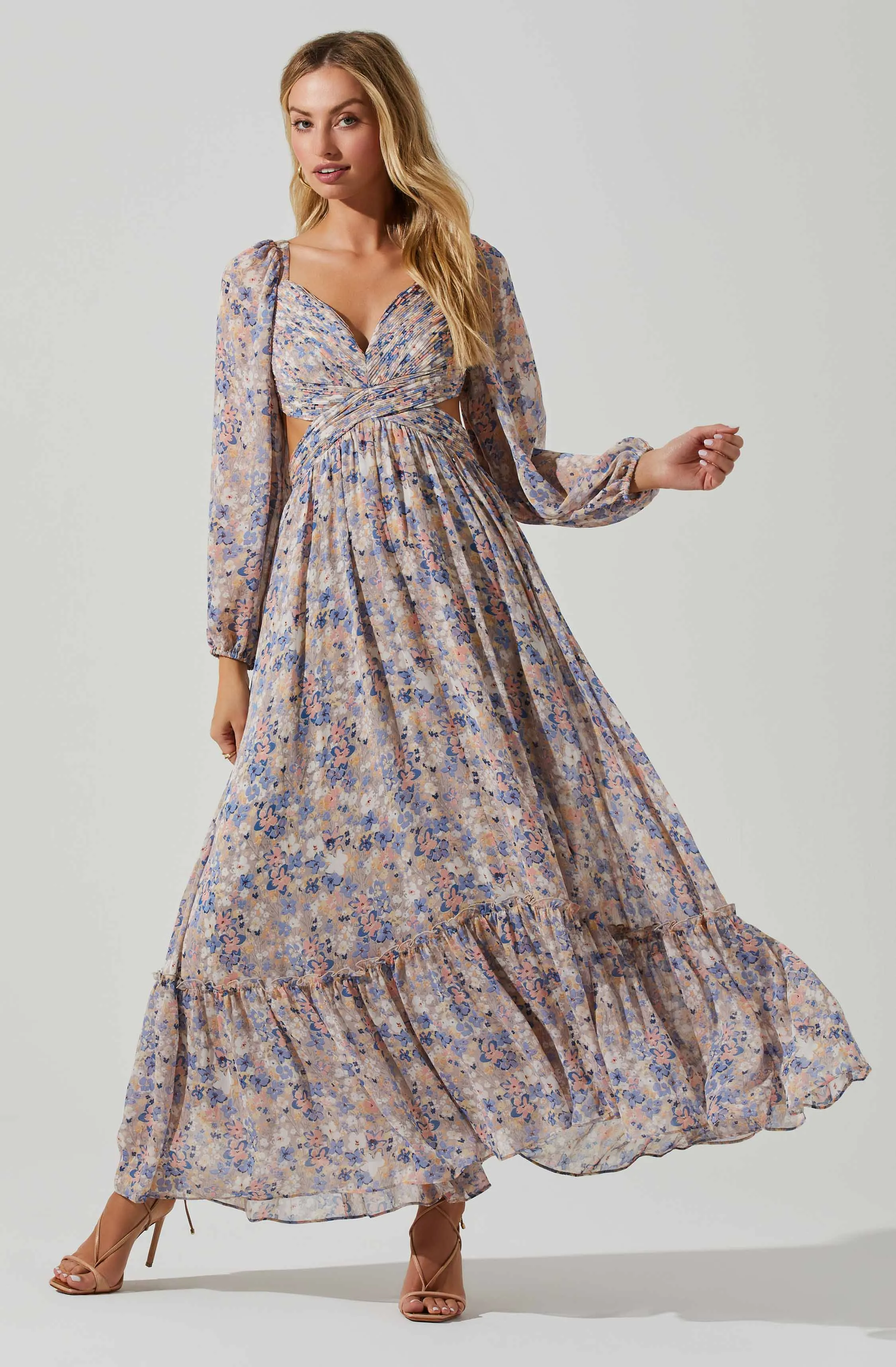 Kammy Floral Open Back Strappy Long Sleeve Maxi Dress