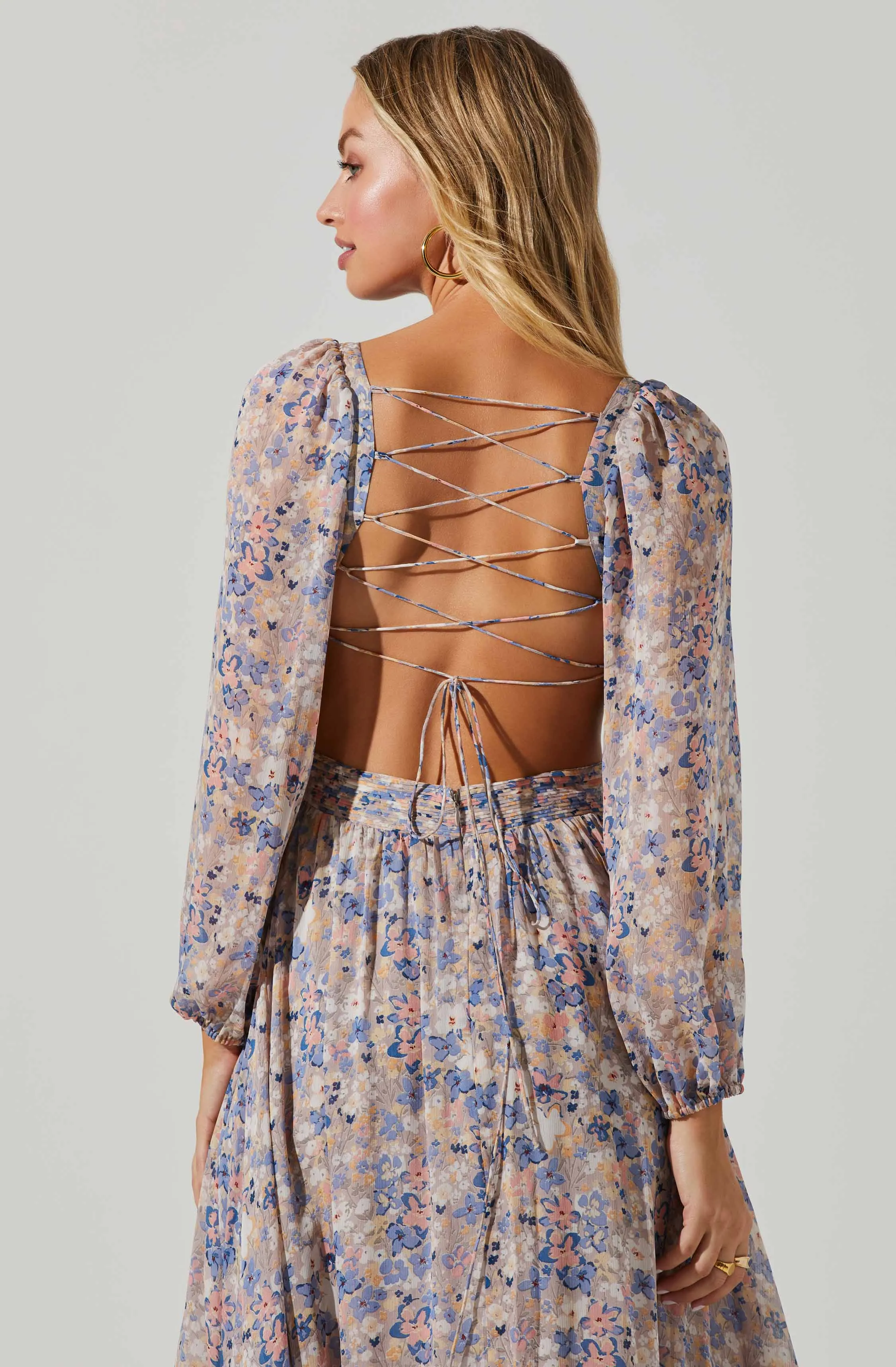 Kammy Floral Open Back Strappy Long Sleeve Maxi Dress