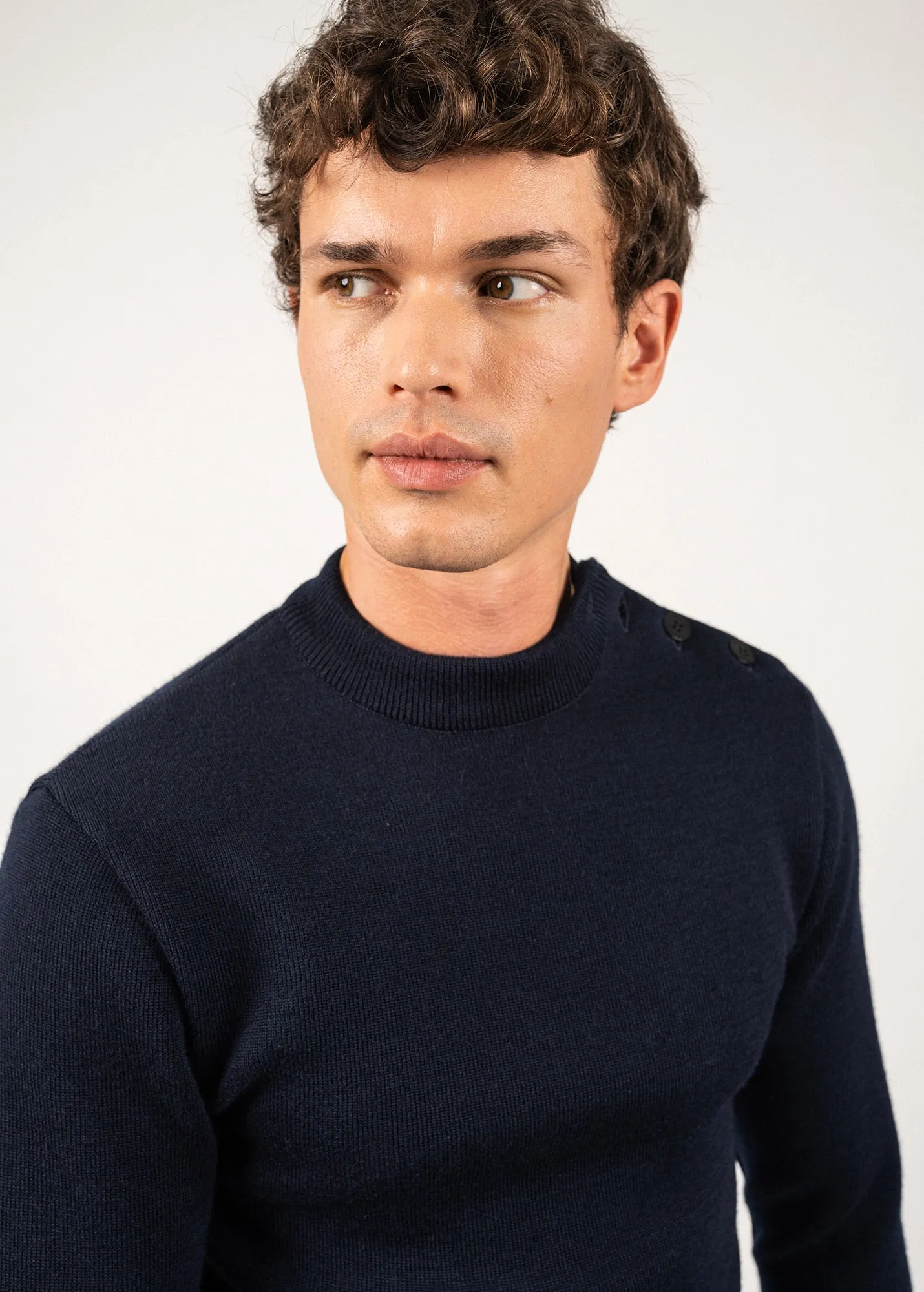 MATELOT - Wool Fisherman Sweater with Button Shoulder | Slim Fit (NAVY)