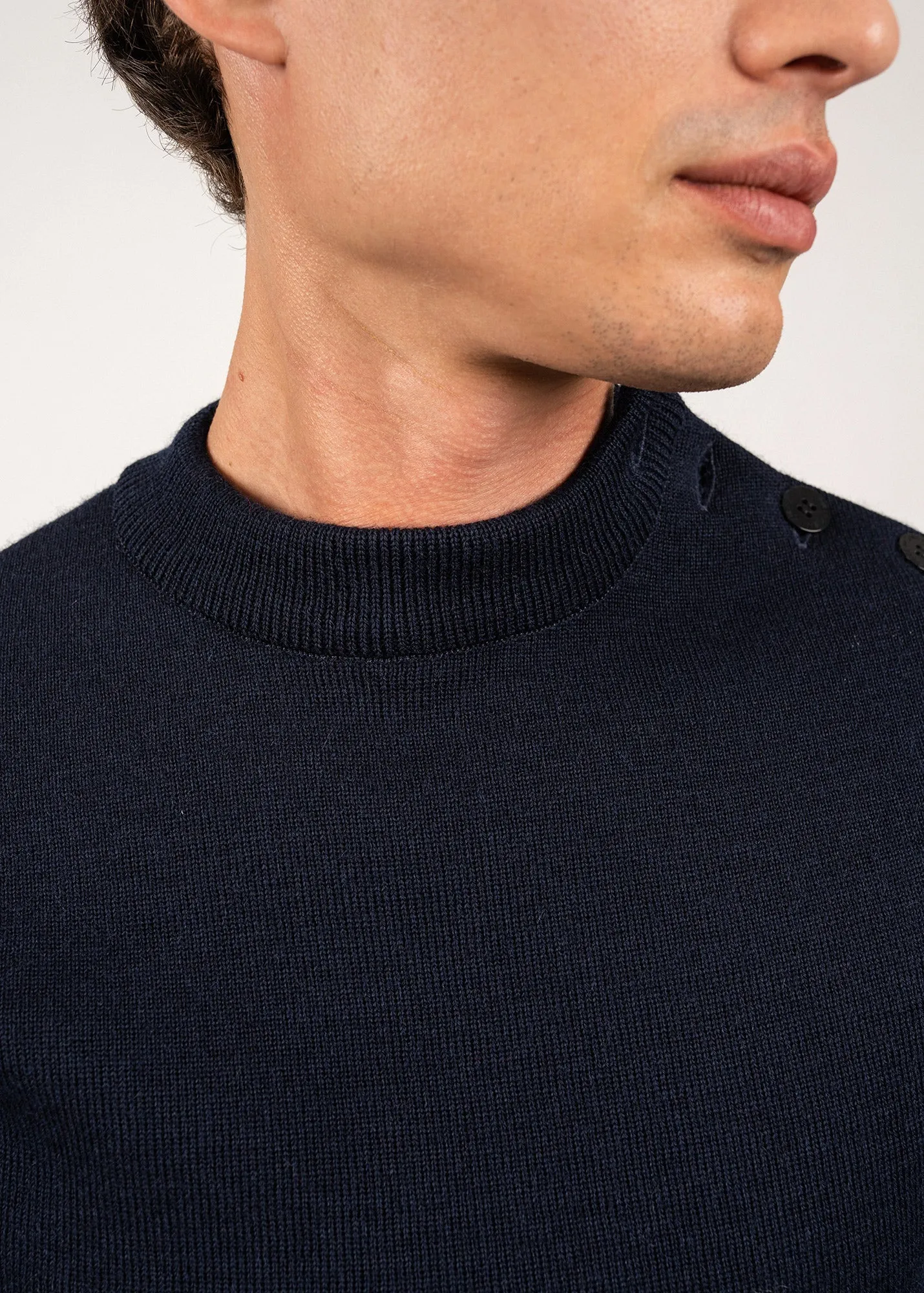 MATELOT - Wool Fisherman Sweater with Button Shoulder | Slim Fit (NAVY)