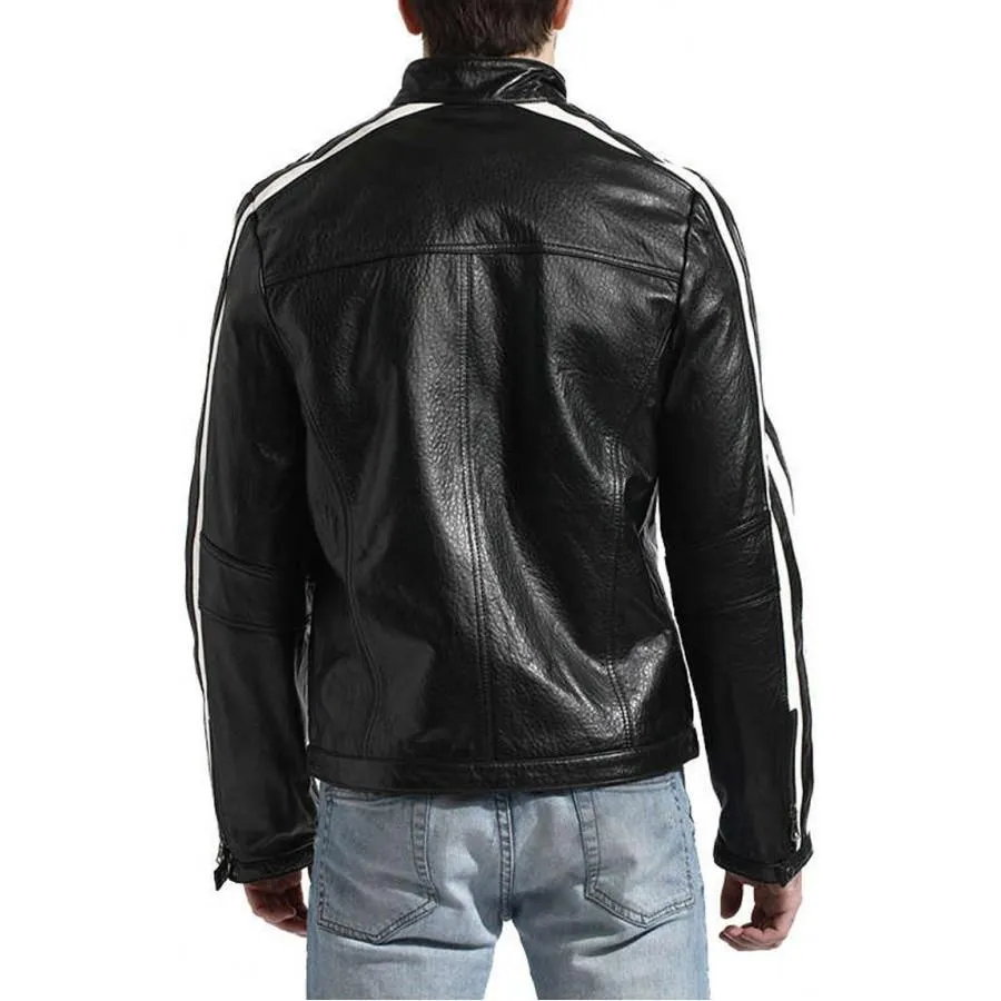 Men's Black Leather White Stripe Moto Racer Jacket