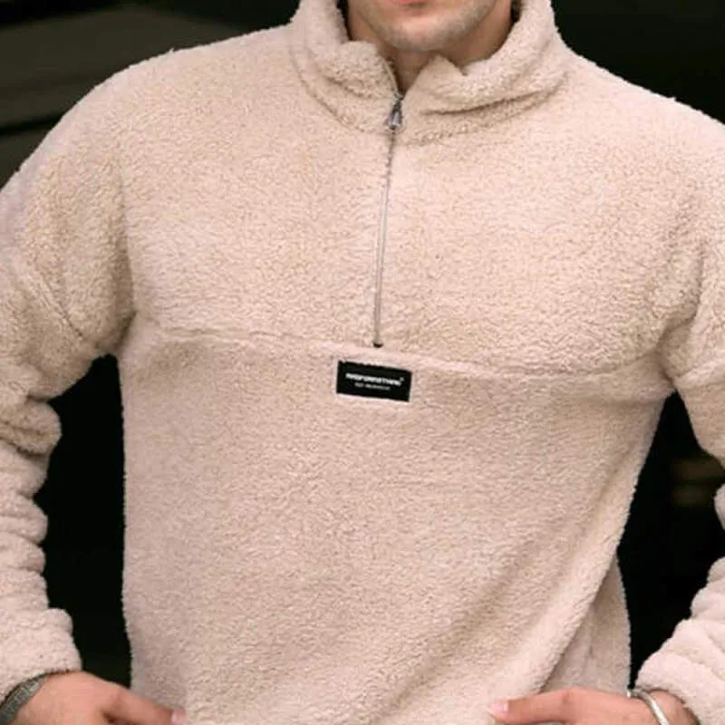 Men'S Fashion Plush Warm Solid Color Zipper Sweater