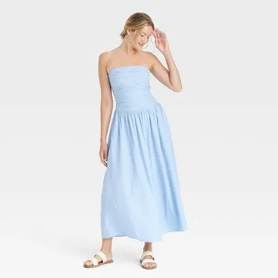 New - Women's Ruched Maxi A-Line Dress - Universal Thread Blue L