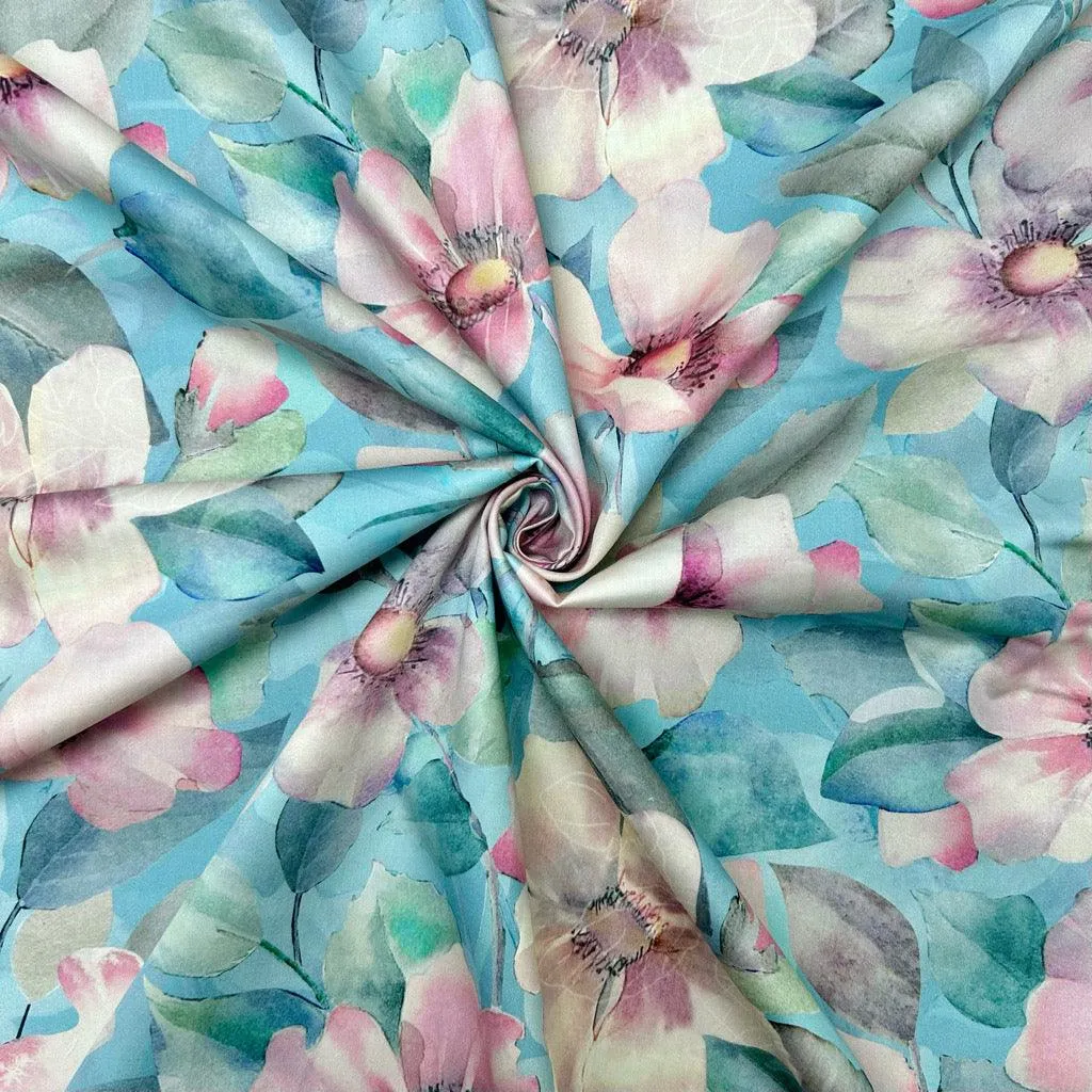 Pink Flowers Cotton Sateen Fabric