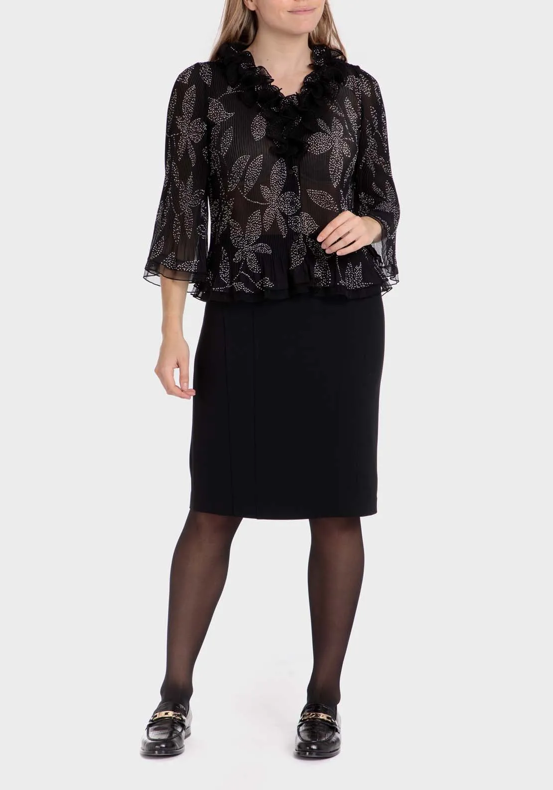 Pleated Shirt With Flounces - Black