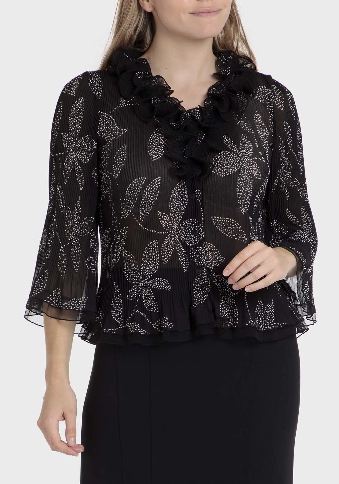 Pleated Shirt With Flounces - Black