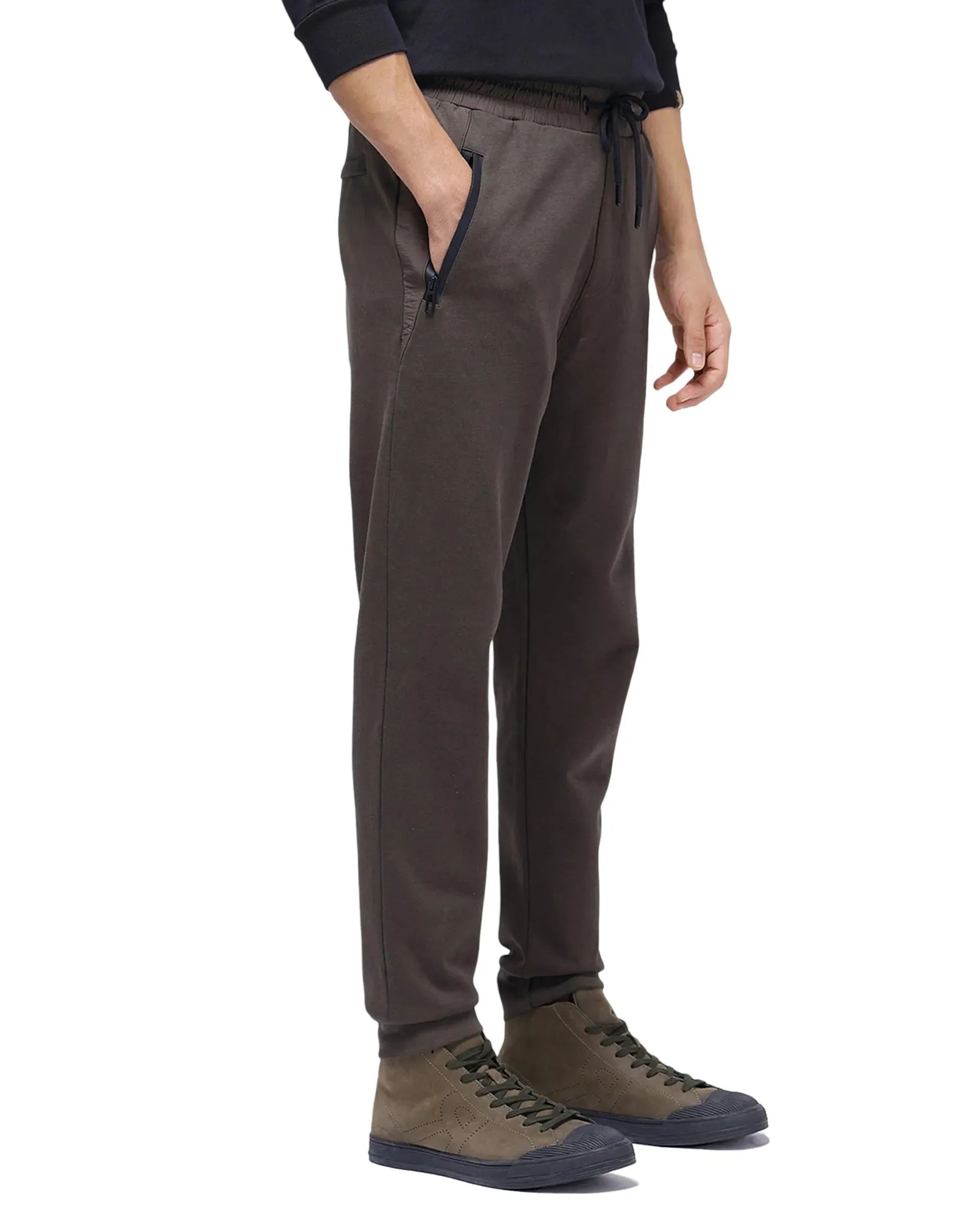 Rare Rabbit Men Shawn Olive Cotton Drawstring Closure Heavy Weight Plain Track Pant