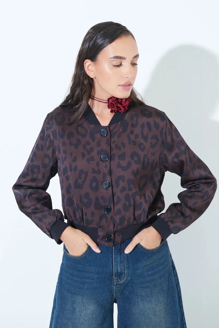 Satin leopard bomber jacket wholesale