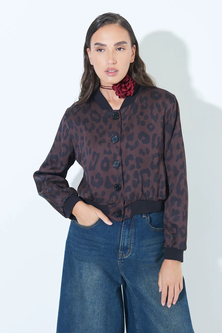 Satin leopard bomber jacket wholesale