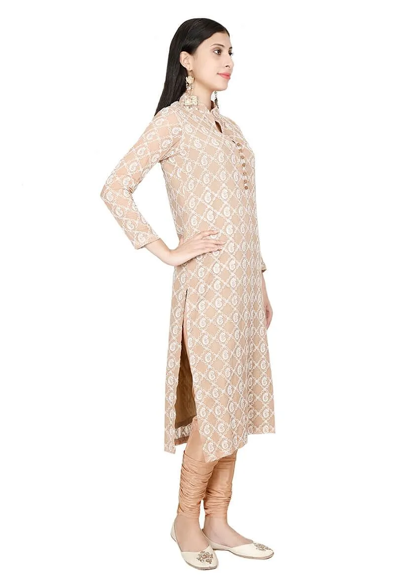 Set Of Tawny Georgette Chikankari Kurta And Shantoon Churidaar