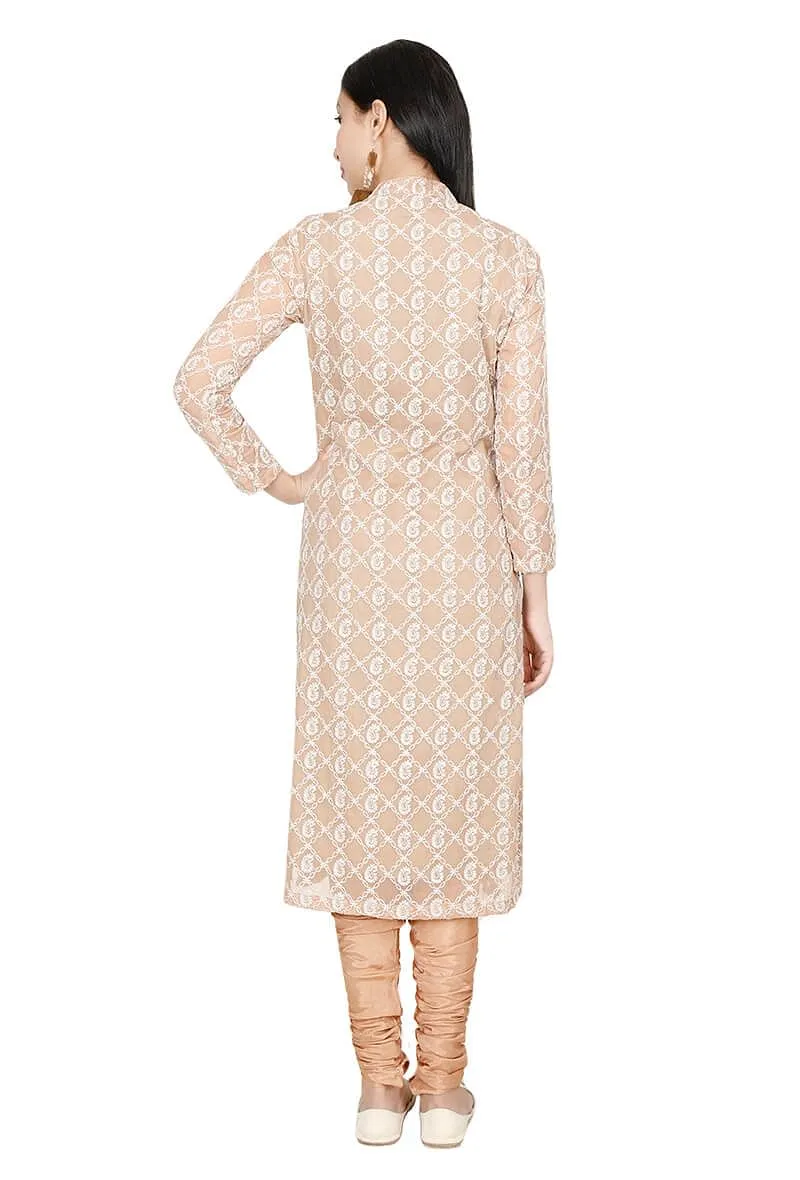 Set Of Tawny Georgette Chikankari Kurta And Shantoon Churidaar