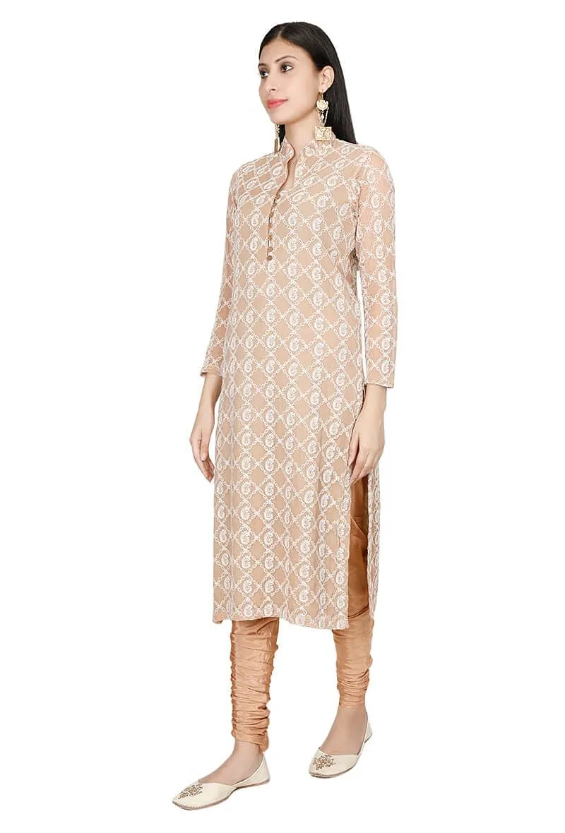 Set Of Tawny Georgette Chikankari Kurta And Shantoon Churidaar