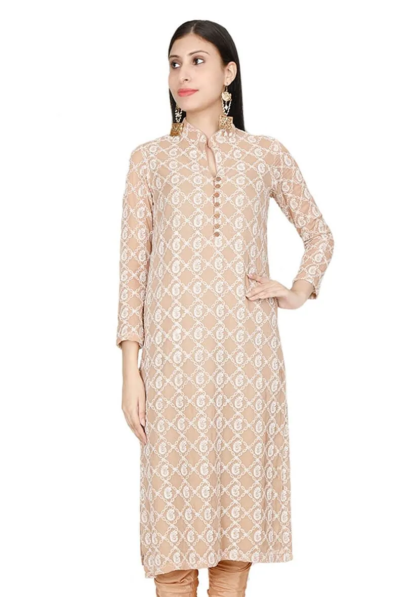 Set Of Tawny Georgette Chikankari Kurta And Shantoon Churidaar