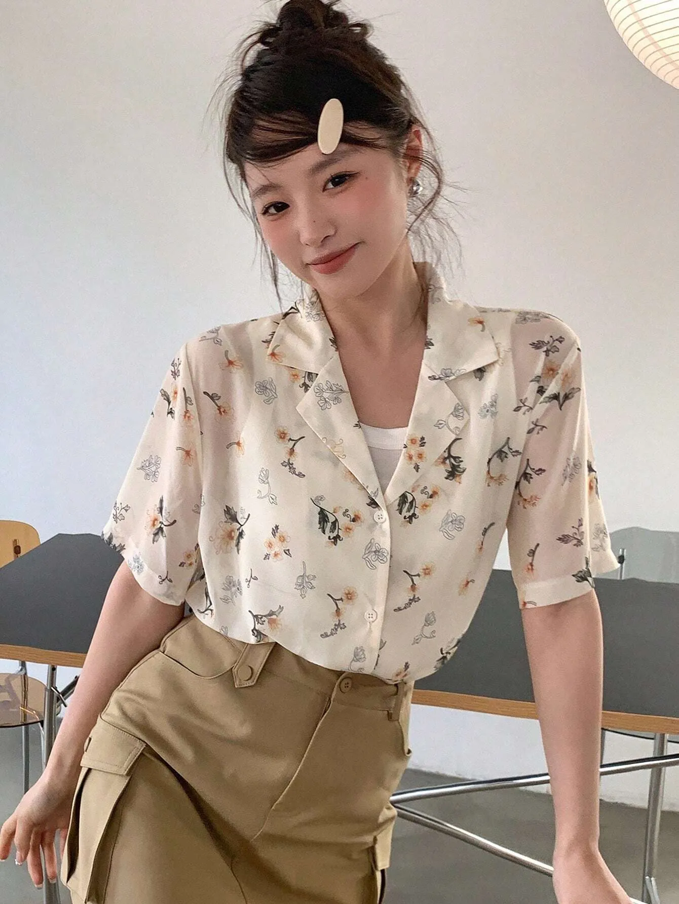 SHEIN DAZY Floral Print Turn-Down Collar Loose Short Sleeve Women's Shirt