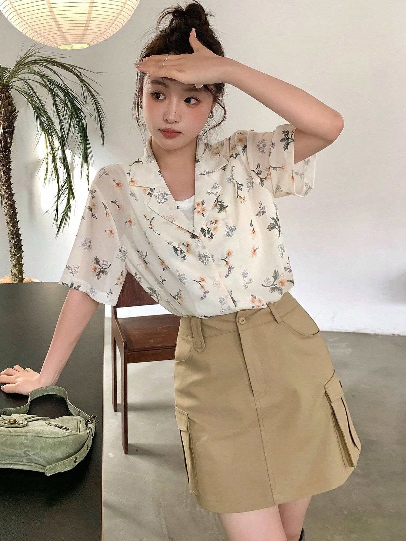 SHEIN DAZY Floral Print Turn-Down Collar Loose Short Sleeve Women's Shirt