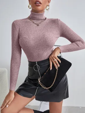 SHEIN Essnce Solid High Neck Rib Knit Sweater