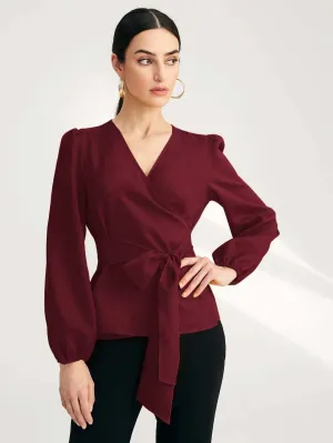 Shein Solid Surplice Front Belted Blouse