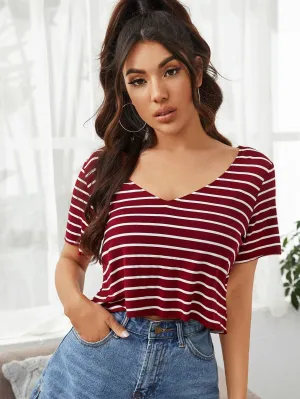 SHEIN V-neck Striped Boxy Tee