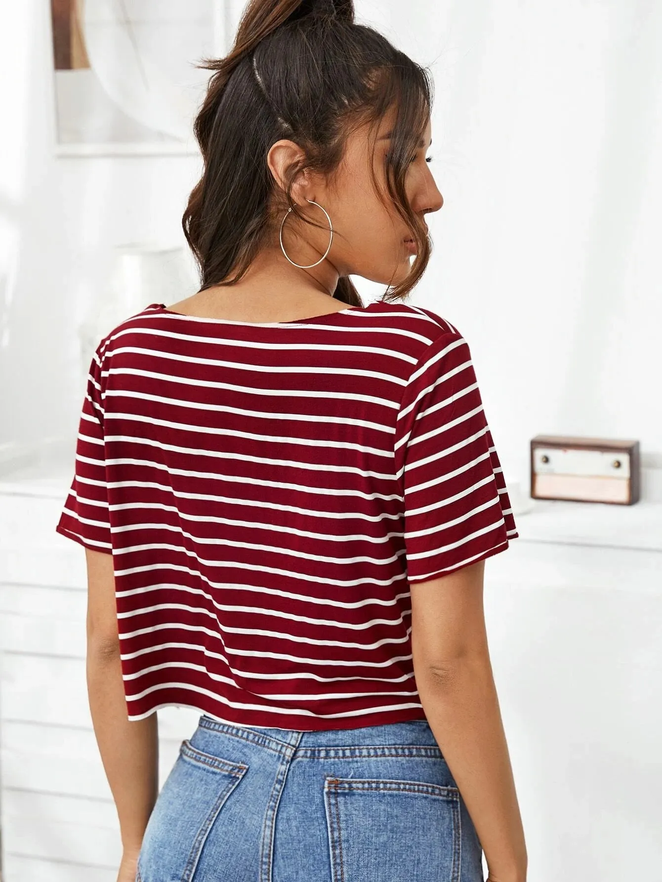 SHEIN V-neck Striped Boxy Tee