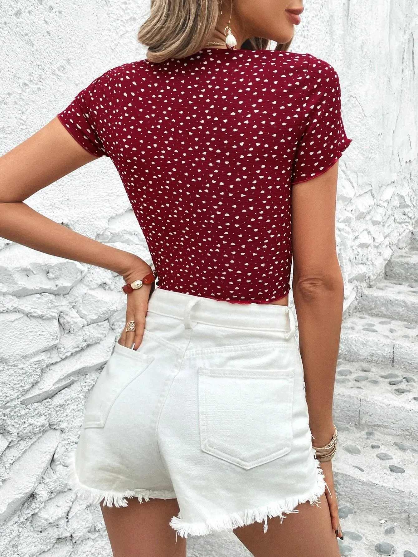 SHEIN VCAY Polka Dot & Heart Print Knot Front Lettuce Trim Crop Tee