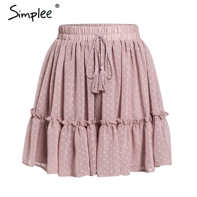 Simplee Casual polka dot mini women skirt High waist A line korean tassel pink summer skirt Sexy ruffle beach female skirts