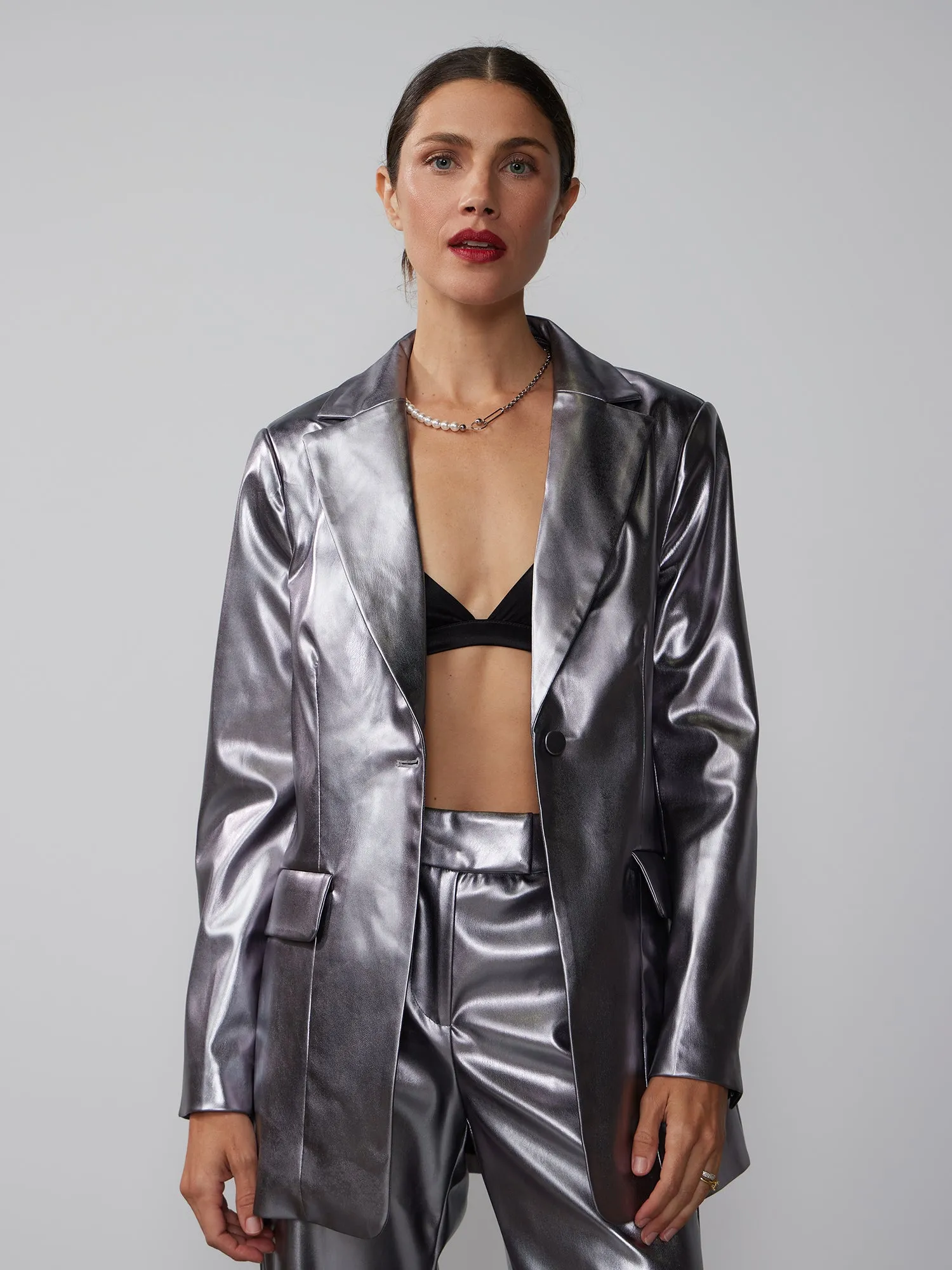 Single Breasted Metallic Vegan Leather Blazer