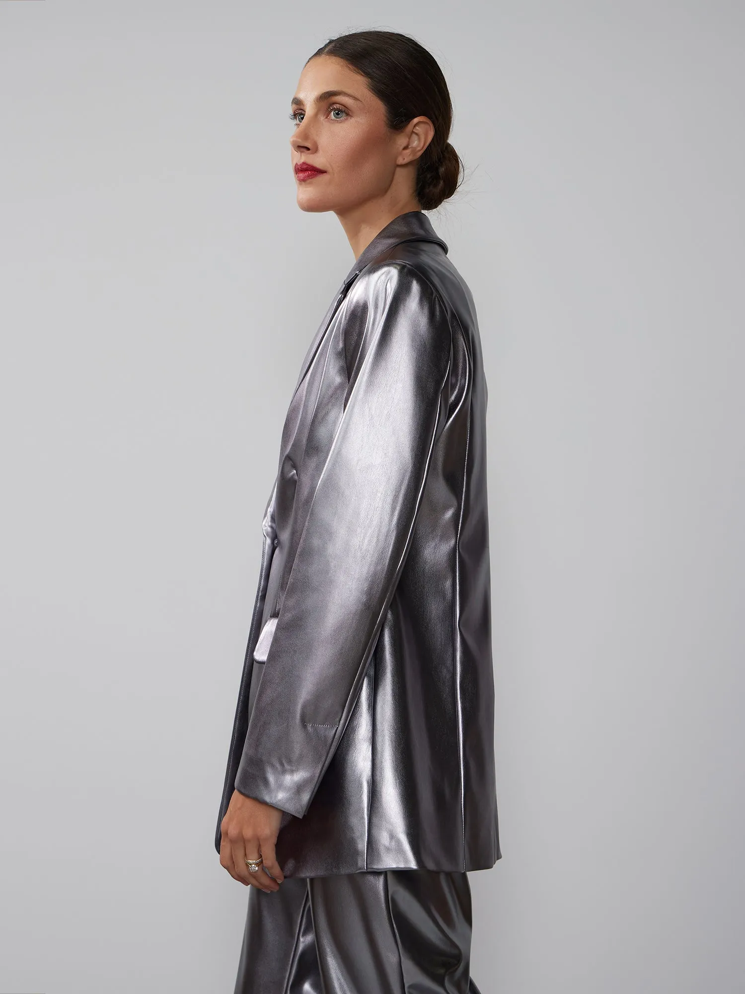 Single Breasted Metallic Vegan Leather Blazer