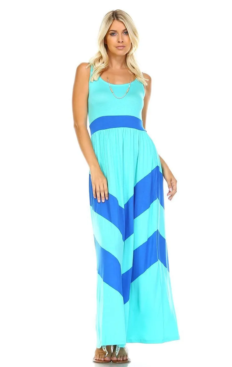 Sleeveless Evening Chevron Maxi Dress Mint Aqua Royal Blue