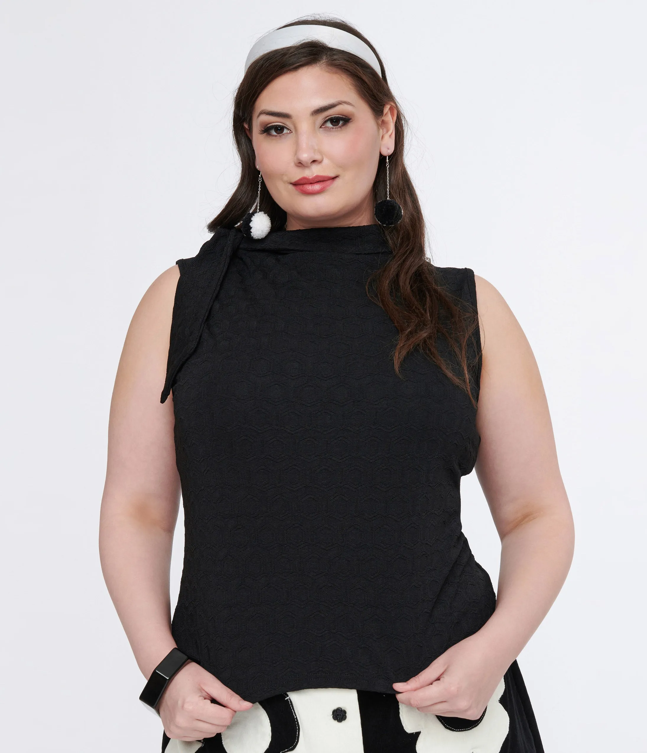 Smak Parlour Plus Size 1960s Black Cowl Neck Tie Blouse