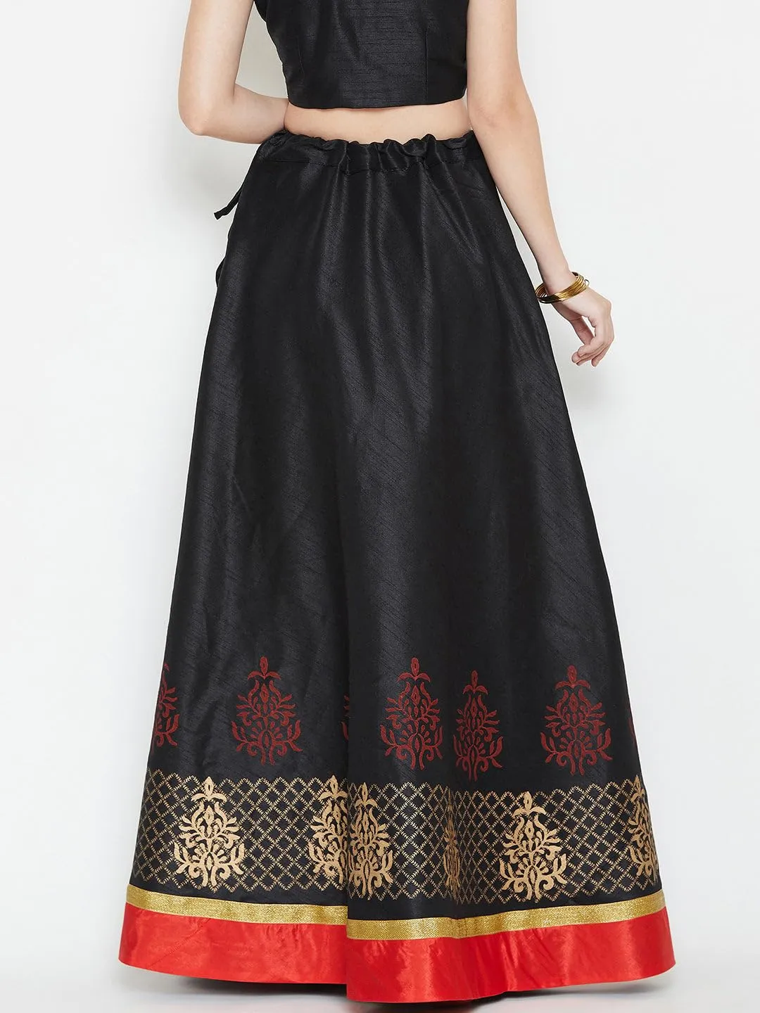 studio rasa Women's Dupion Block Printed Bias Skirt for Festive Wedding Party (Black)