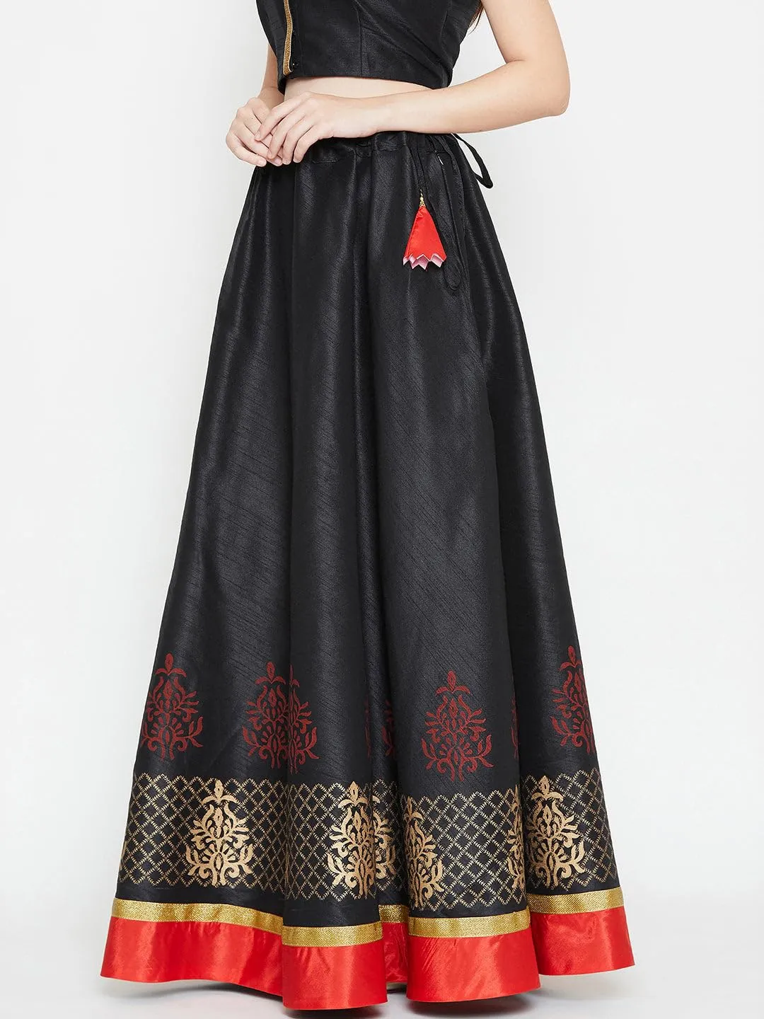 studio rasa Women's Dupion Block Printed Bias Skirt for Festive Wedding Party (Black)