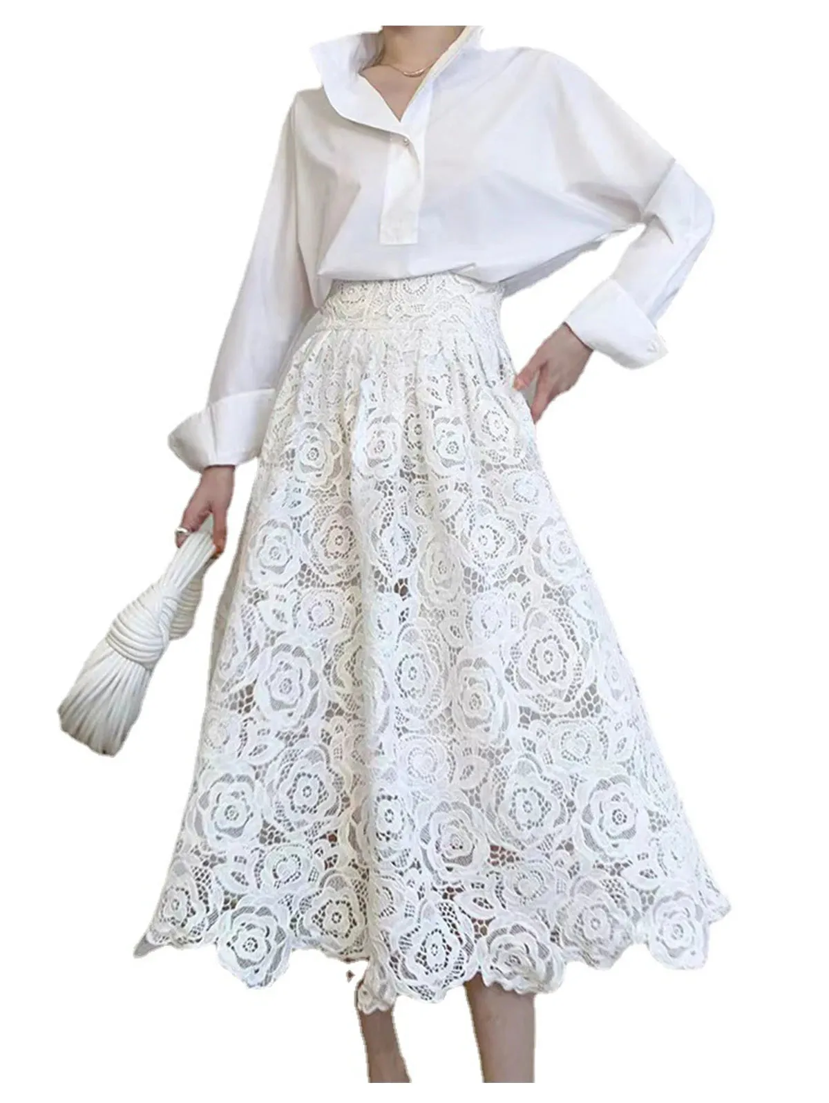 Uniwim Faldas Mujer Moda Women Elegant Fashion Flower Embroidery Hollow Out Lace Skirts Womens Casual Sexy Skirt Party White Skirt