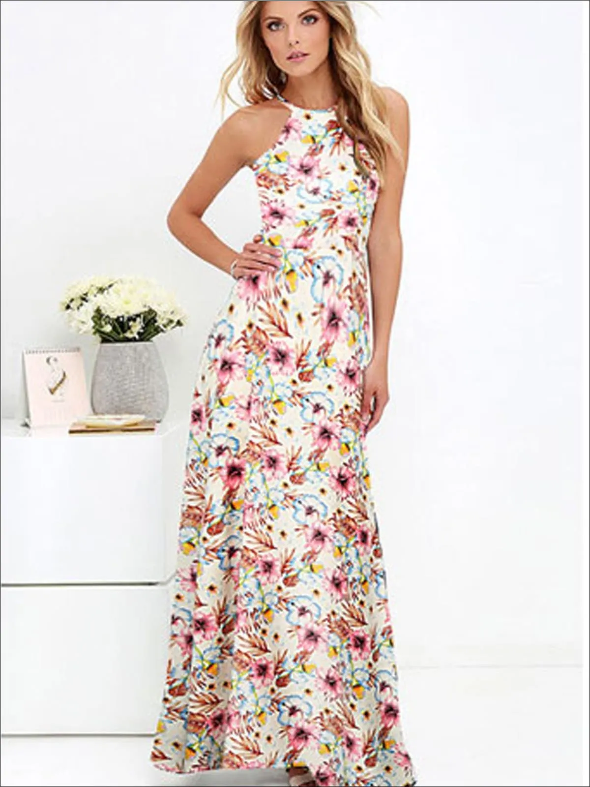 Women's Halter Floral A-Line Maxi Dress