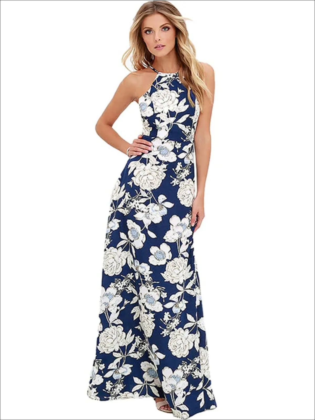 Women's Halter Floral A-Line Maxi Dress